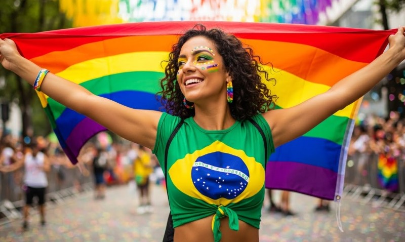 A woman with vibrant rainbow makeup stands proudly, displaying LGBT flag draped over her back