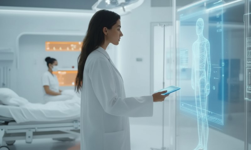 Doctor reviews glowing blue holographic human anatomy display in a futuristic, sterile medical setting