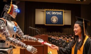 A woman in a graduation gown shakes hands with a robot, symbolizing the fusion of education and technology