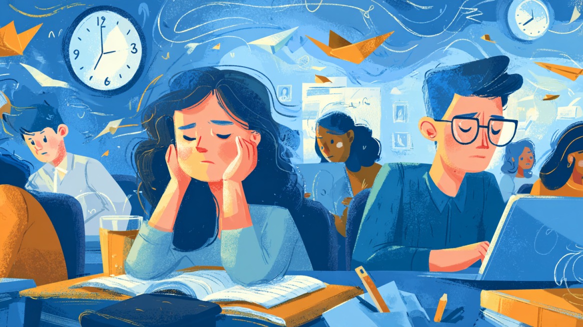 Illustrated students studying at desks while looking tired and stressed