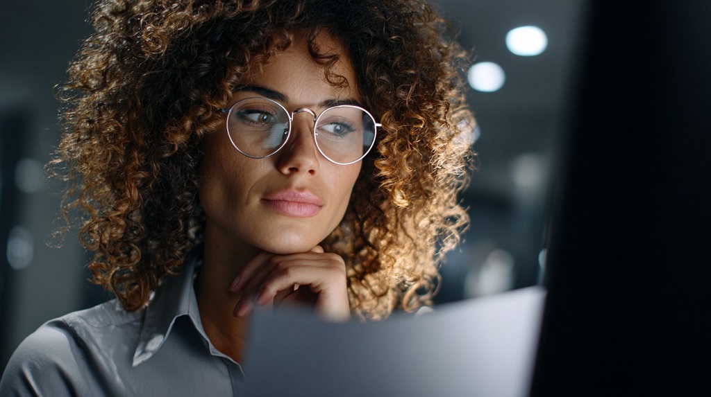 A focused woman with curly hair and glasses thoughtfully looking at a computer screen in a dimly lit workspace
