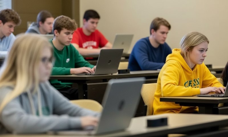 Students in a classroom focused on their laptops