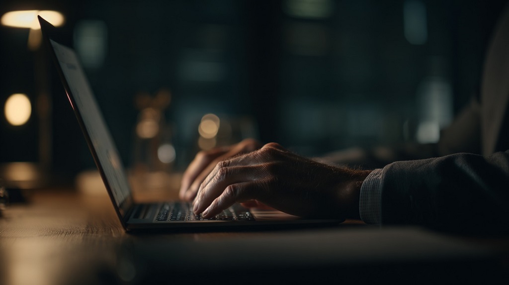 Close-up of a person’s hands typing on a laptop at a dark desk with soft warm lighting