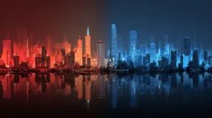 Stylized city skyline with red and blue lighting reflected on water