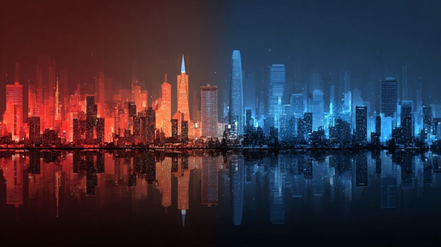 Stylized city skyline with red and blue lighting reflected on water