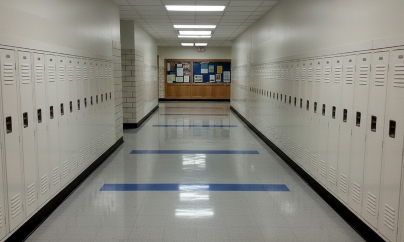 A long hallway featuring lockers on both sides and blue lines marking the floor