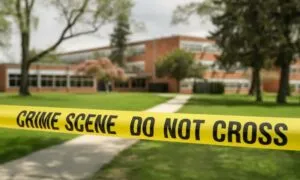 Close-up of bright yellow police tape reading "CRIME SCENE DO NOT CROSS" against a soft-focus backdrop of school