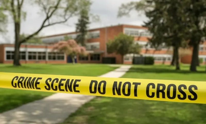 Close-up of bright yellow police tape reading "CRIME SCENE DO NOT CROSS" against a soft-focus backdrop of school