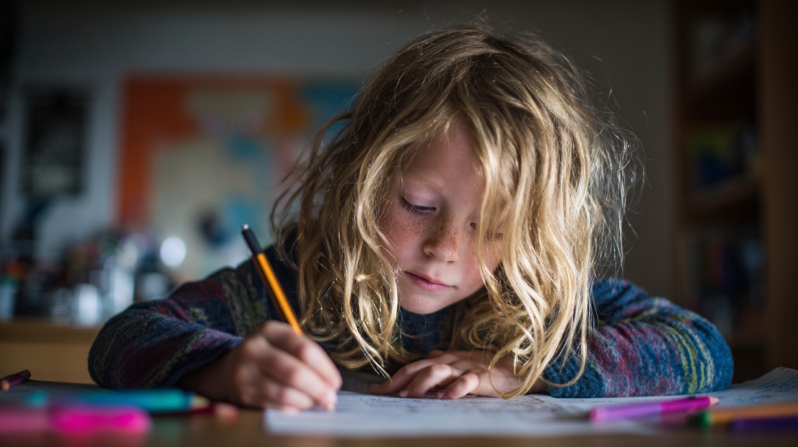 A child concentrating while writing with a pencil at a table