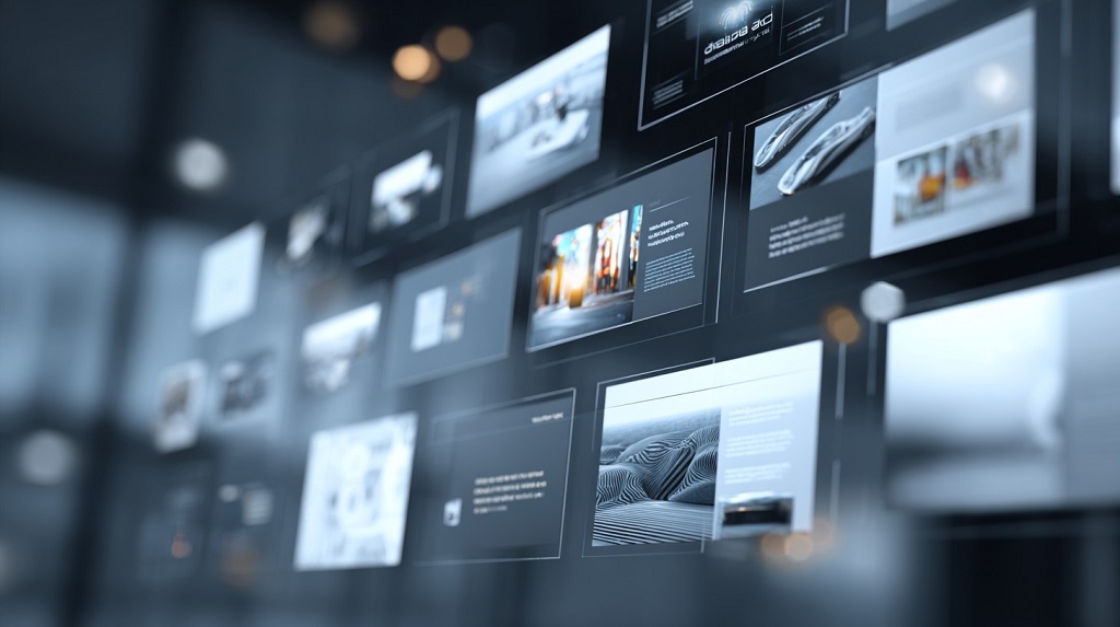 A futuristic digital wall display showing multiple blurred interface screens and product panels in a modern tech setting