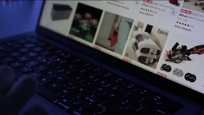 A person browsing Temu on a laptop with products displayed on the screen