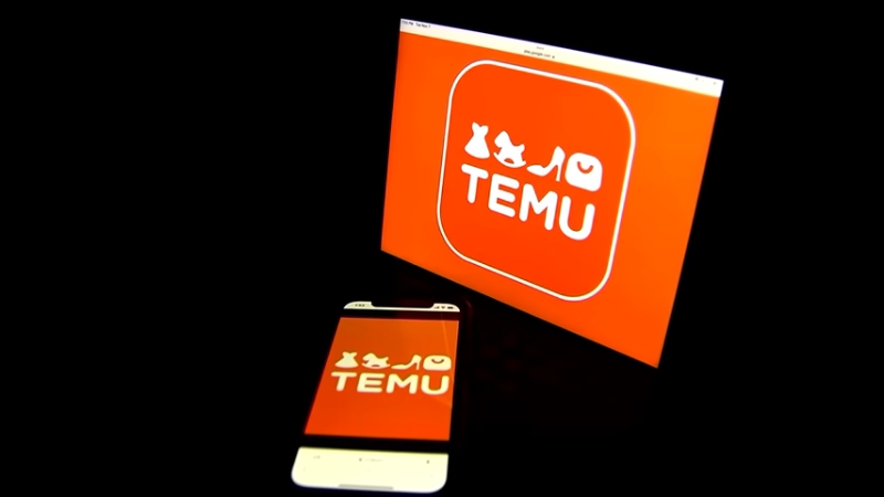 The Temu logo displayed on a phone and computer screen