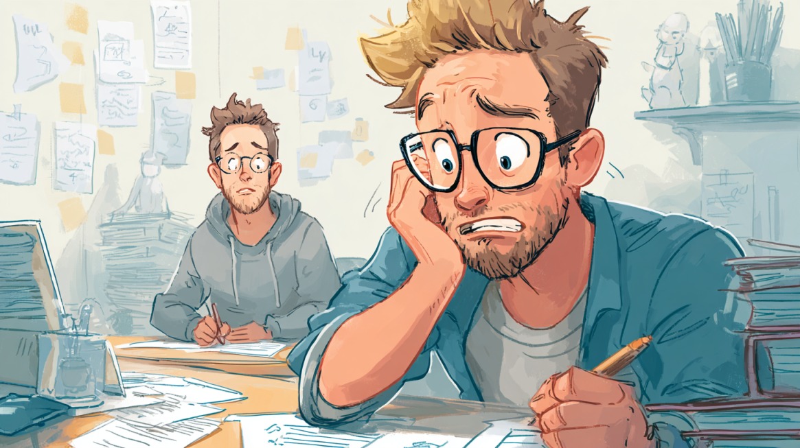 Illustrated students looking stressed while working at cluttered desks
