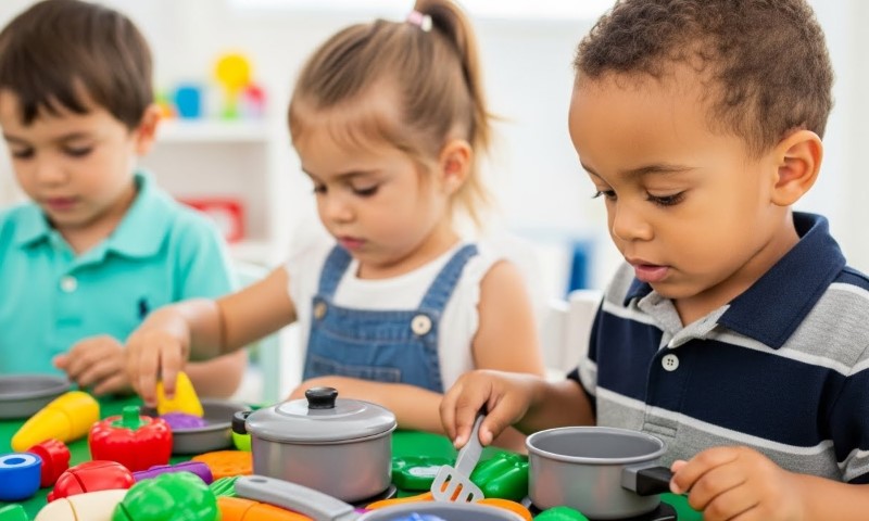 Children are playing with colorful toys on the floor of a bright kitchen