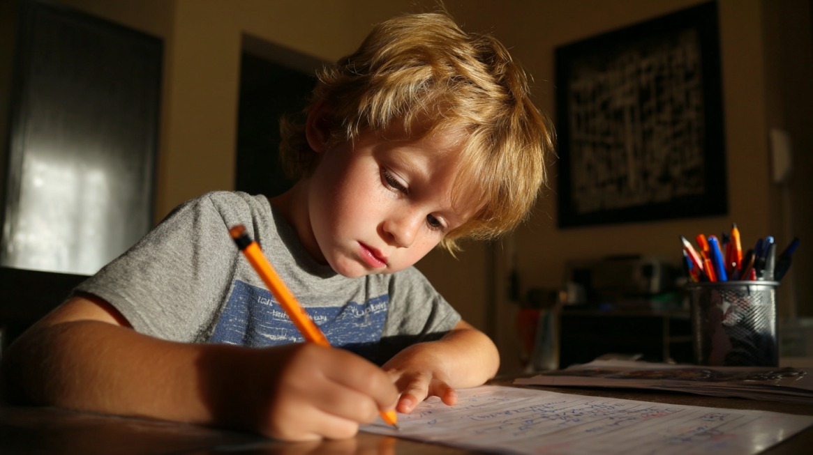 A child writing with a pencil at a desk under warm indoor light