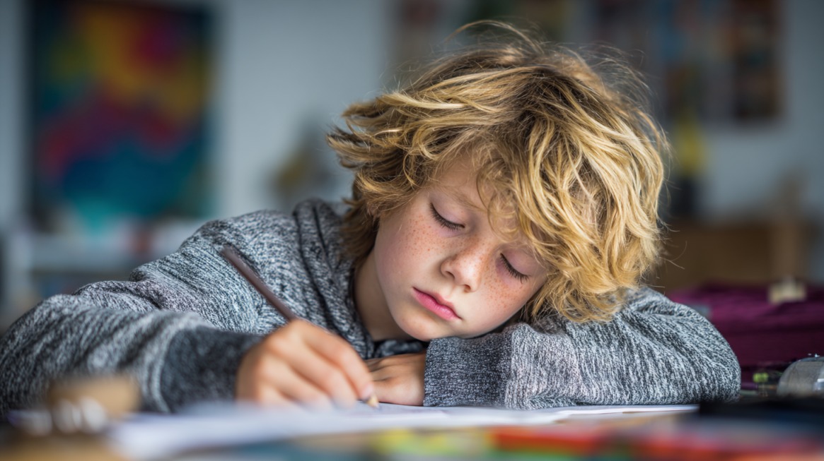 A child resting their head while writing at a desk