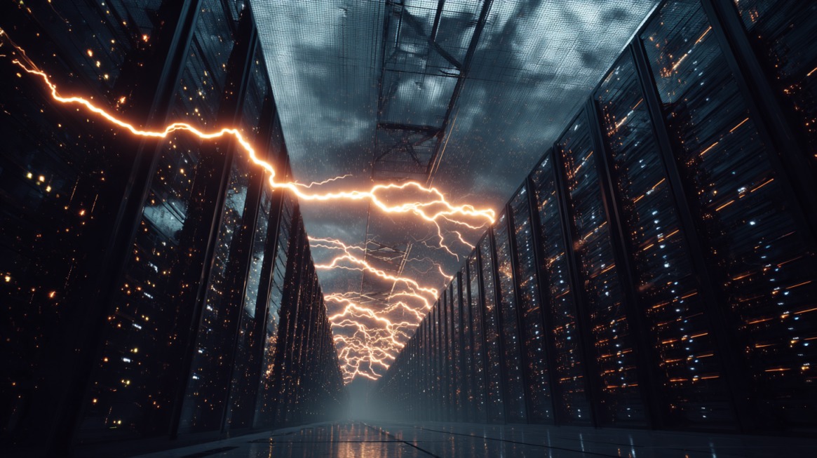 Electric energy streaks above long rows of servers inside a large data center