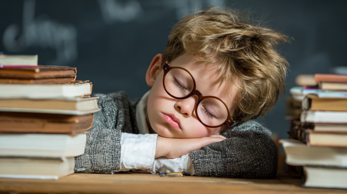 A child wearing glasses sleeping at a desk between stacks of books