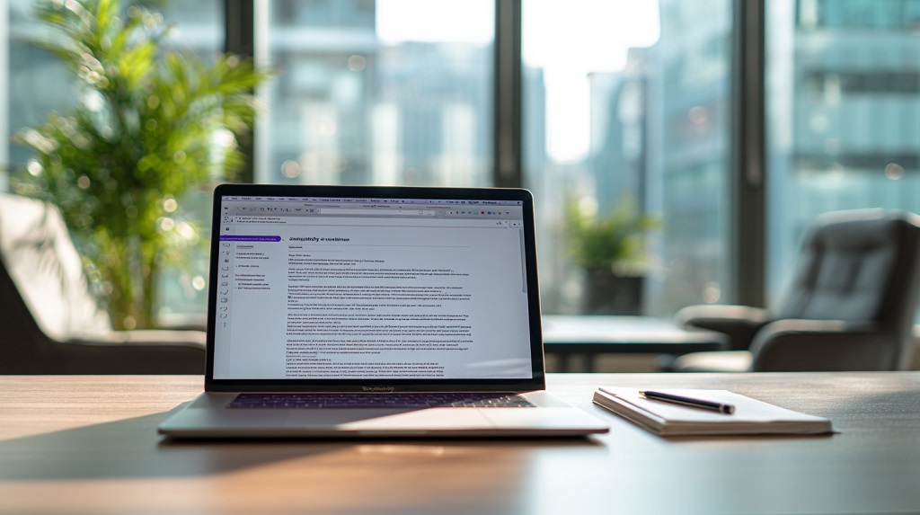 A laptop placed on a modern office desk near a window, with natural daylight and blurred city buildings in the background
