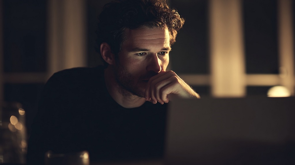 A man sitting in a dim room, resting his hand near his mouth while concentrating on a laptop screen