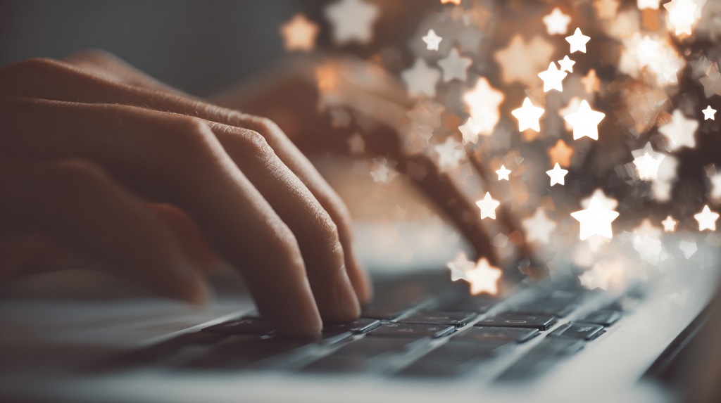 Hands typing on a keyboard with glowing star-shaped light effects symbolizing online ratings and reviews
