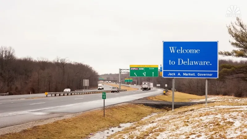 Welcome to Delaware highway sign along a major road, symbolizing the state where many businesses choose to incorporate