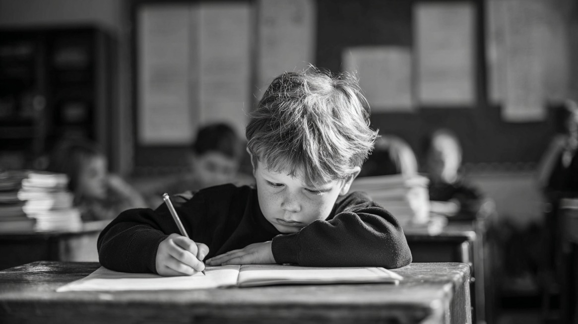 A child writing in a notebook at a school desk with classmates in the background