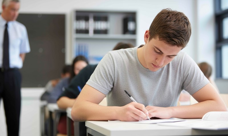 A focused student in a gray shirt writes at a desk in a classroom