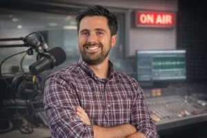 Smiling man in a plaid shirt stands confidently in a radio studio, with a microphone and "On Air" sign visible