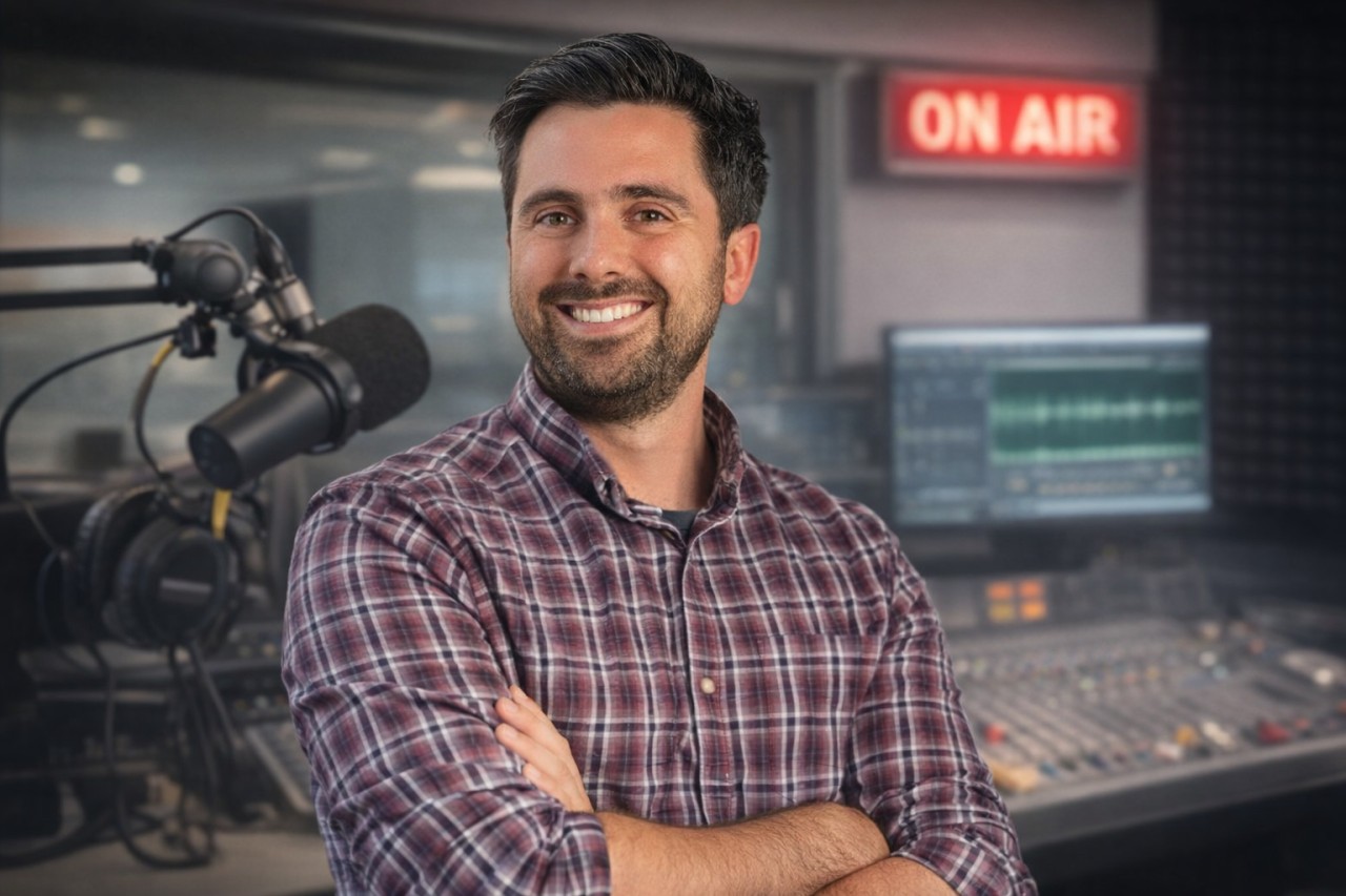 Smiling man in a plaid shirt stands confidently in a radio studio, with a microphone and "On Air" sign visible