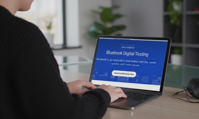 A person uses a laptop displaying a webpage titled "Bluebook Digital Testing" with a blue background