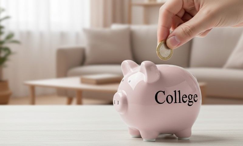 A hand places a coin into a pink piggy bank labeled "College."