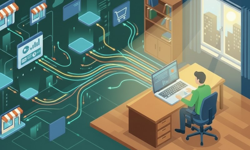 A person sits at a desk with a laptop, analyzing data with a cityscape view. Digital icons and flow lines represent a connected network
