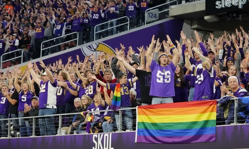 Crowd of enthusiastic sports fans in purple jerseys cheering with arms raised. A rainbow flag is draped over the railing