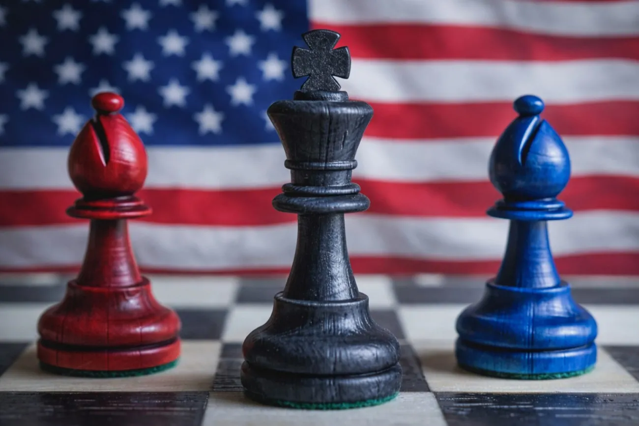 A black king chess piece flanked by red and blue bishops on a chessboard, with the U.S. flag in the background
