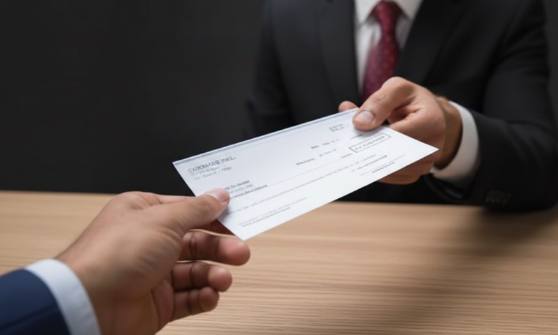 A person in a suit hands over a check across a wooden table to another individual