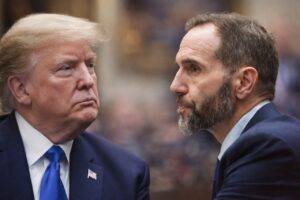 Donald Trump and Jack Smith, looking at each other