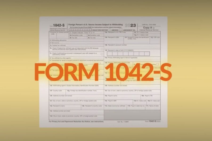 IRS Form 1042-S displayed on screen, representing the March 15 2026 federal tax reporting deadline for foreign payments in higher education institutions.