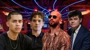 Four men stand confidently against an illuminated nightclub backdrop with vibrant blue and red lights