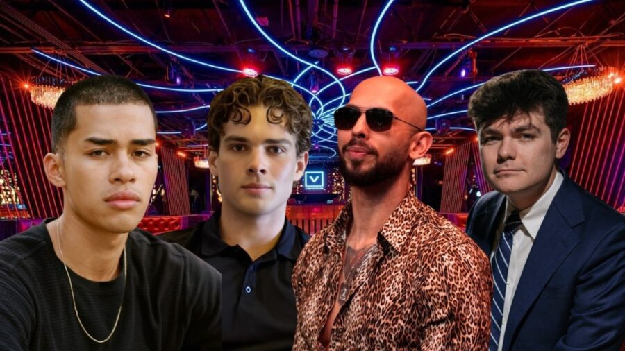 Four men stand confidently against an illuminated nightclub backdrop with vibrant blue and red lights