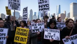 A group of diverse protesters in a city hold signs saying "ICE OUT OF NYC" and "NO TROOPS IN NYC."
