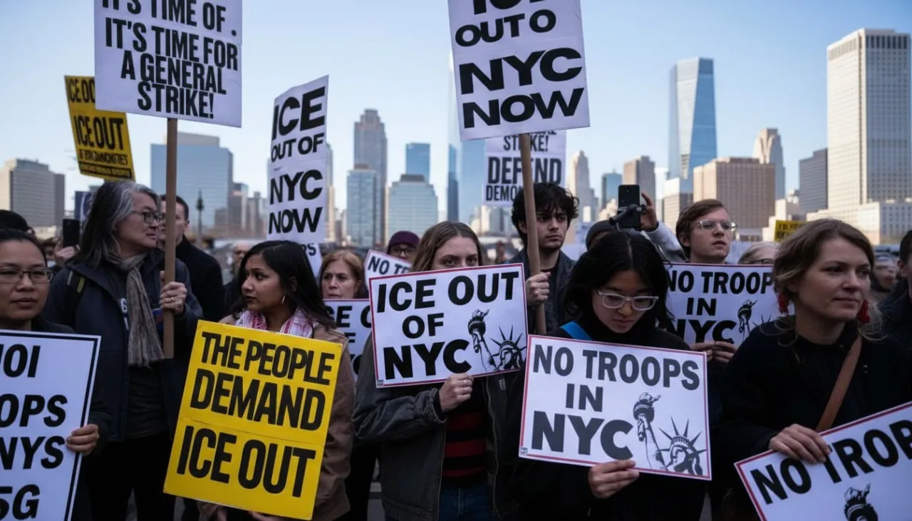 A group of diverse protesters in a city hold signs saying "ICE OUT OF NYC" and "NO TROOPS IN NYC."