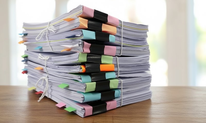 Stack of paper folders with colorful binder clips and sticky tabs on a wooden desk