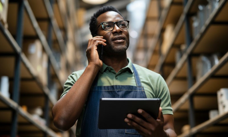 Man in apron and glasses, holding a tablet, talks on the phone in a warehouse aisle
