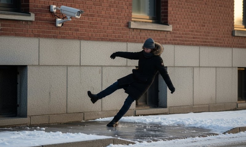 A person in a dark coat and gray beanie slips on an icy sidewalk near a brick building with surveillance cameras