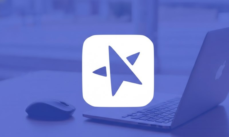 A white app icon with a stylized arrow and play button overlays a blurred, blue-tinted background of a laptop
