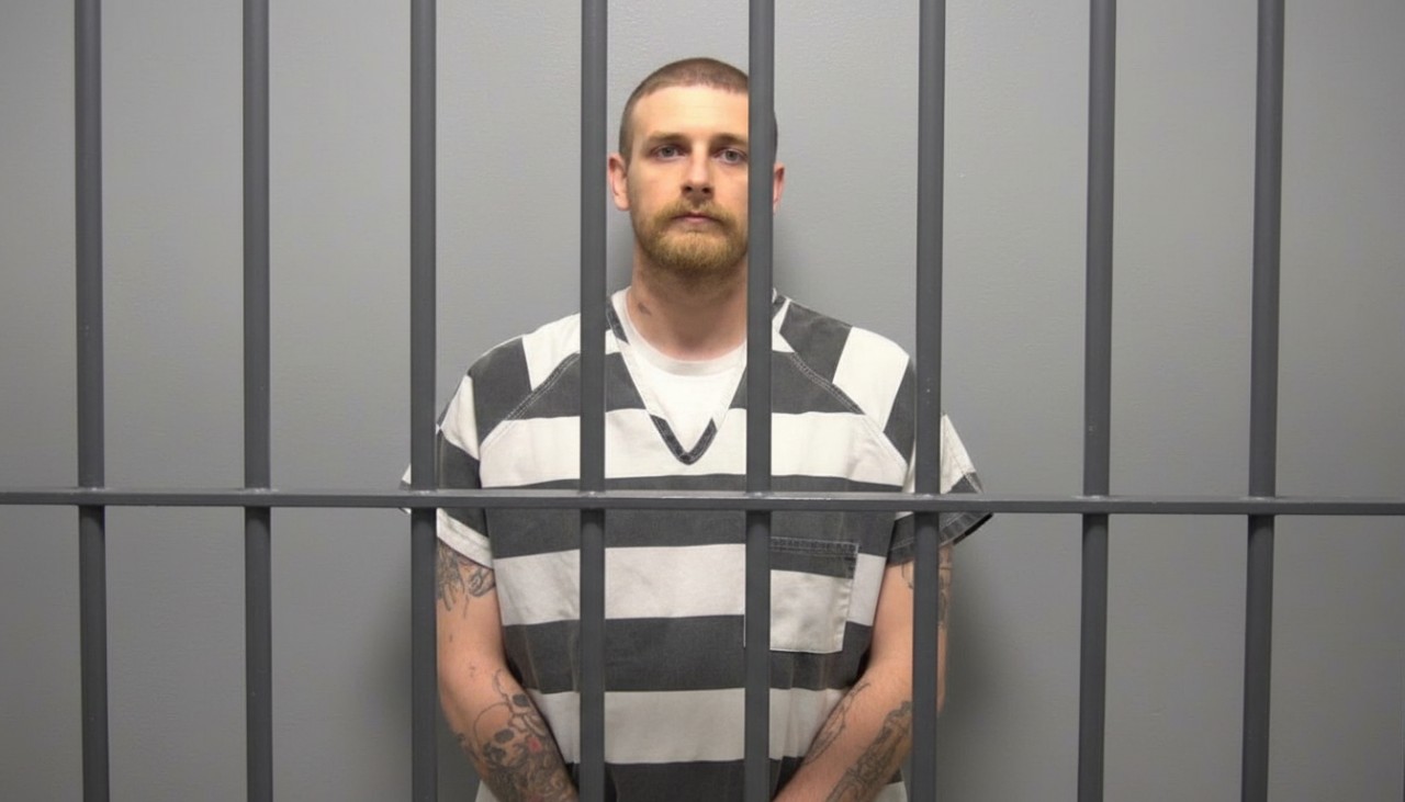 Sean Grayson in black-and-white striped prison uniform stands behind jail bars