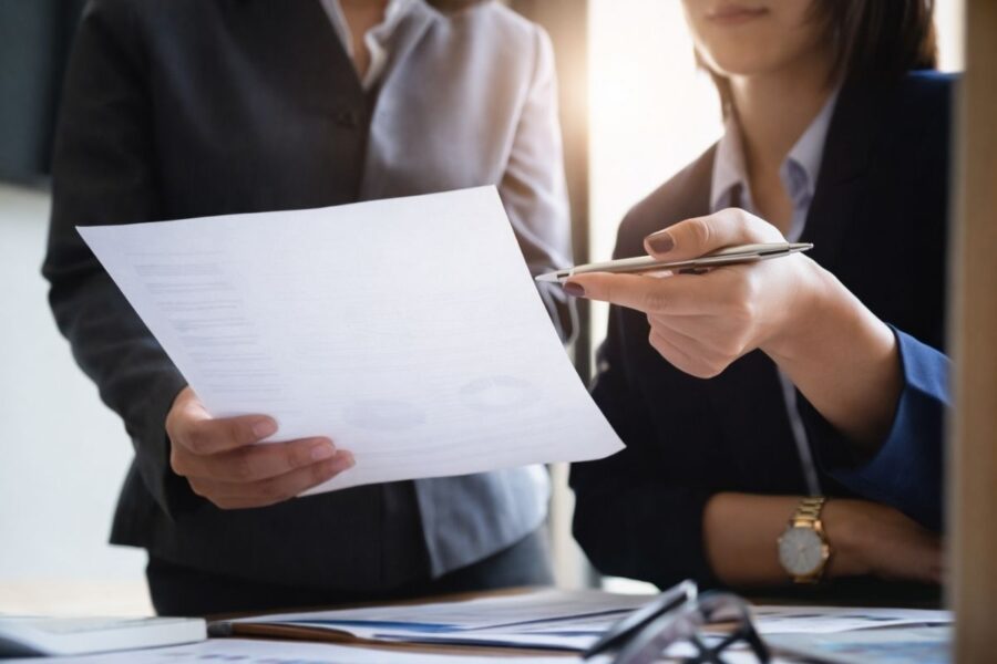 Two professionals reviewing official documents together, representing the single audit submission process under Uniform Guidance.