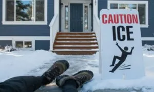 Person sitting on icy path in front of house, wearing winter boots. A "Caution Ice" sign is visible