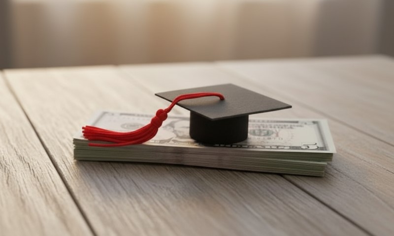 A graduation cap with a red tassel rests on a stack of US dollar bills on a wooden table